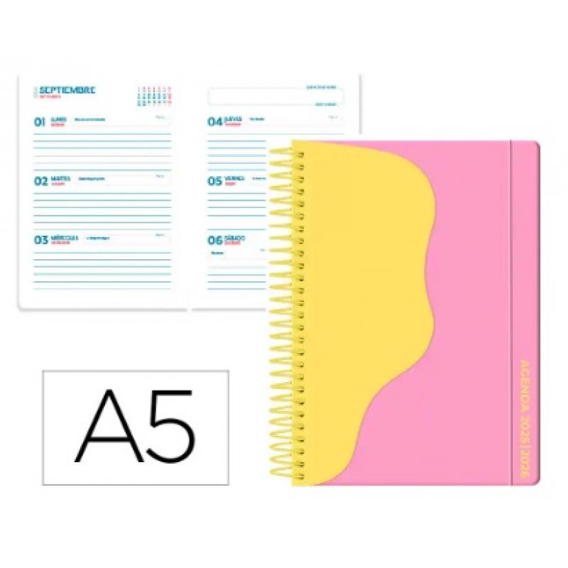 agenda-escolar-liderpapel-25-26-espiral-waves-rosa-semana-vista-a5-bilingue-papel-fsc-80-gr