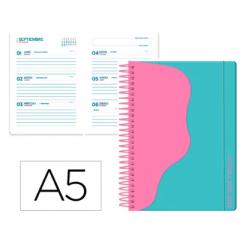 Agenda escolar LIDERPAPEL 25-26 espiral WAVES turquesa semana vista A5 bilingüe papel FSC 80 gr.