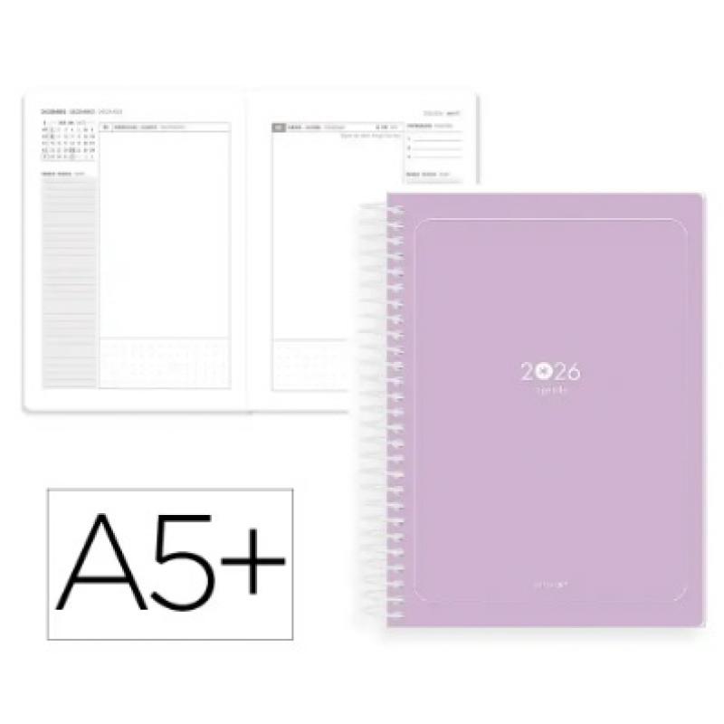 Agenda Espiral ANTARTIK ESSENTIALS A5+ 2026 D/P morado Papel 80G FSC