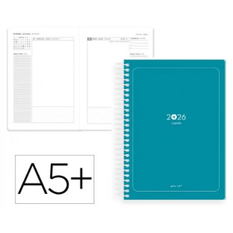 Agenda Espiral ANTARTIK ESSENTIALS A5+ 2026 D/P turquesa Papel 80G FSC