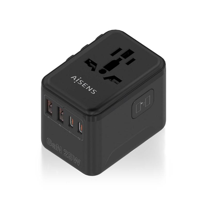 aisens-adaptador-enchufe-universal-para-viaje-eu-usa-uk-au-con-cargador-usb-gan-2xusb-a-qc30-2xusb-c-pd30-25w-negro
