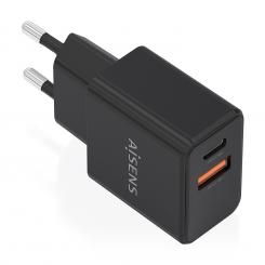 AISENS Cargador GaN 20W, 1xUSB-C PD3.0, 1xUSB-A QC3.0, Negro