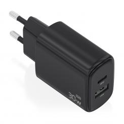 AISENS Cargador GaN 30W, 1xUSB-C PD3.0 QC4.0, 1xUSB-A QC3.0, Negro