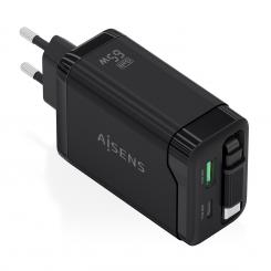 AISENS Cargador GaN 65W, 1xUSB-C Cable Retractil, 1xUSB-C PD3.0, 1xUSB-A QC3.0, Negro