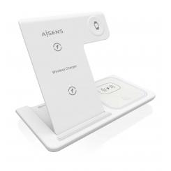 AISENS Cargador Inalambrico USB-C 3 En 1 De 15W Para Movil, Apple Watch, Ariculares Con Estuche De Carga, Blanco