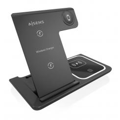 AISENS Cargador Inalambrico USB-C 3 En 1 De 15W Para Movil, Apple Watch, Ariculares Con Estuche De Carga, Negro