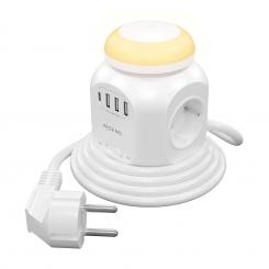 AISENS Regleta de Enchufes Sobremesa Multifuncion con 4 Tomas + 1XUSB-C, 3XUSB-A, Luz Nocturna, 1.8M, Blanco