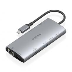 AISENS USB-C Dock 10 en 1, USB-C a 1xHDMI, 1xDisplayPort, 1xRJ45, 1xUSB-A 10G, 1xUSB-A 5G, 2xUSB-C 10G, 1xUSB-C PD100W, 1xSD, 1xMicroSD, Gris, 20cm