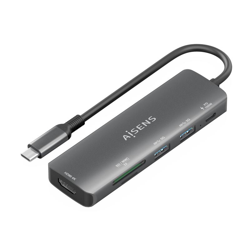 aisens-usb-c-dock-6-en-1-usb-c-a-1x-hdmi-2x-usb-a-1x-usb-c-pd-100w-1x-sd-1x-microsd-gris-15cm