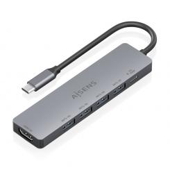 AISENS USB-C Dock 6 en 1, USB-C a 1xHDMI, 4xUSB-A, 1xUSB-C PD 100W, Gris, 15cm