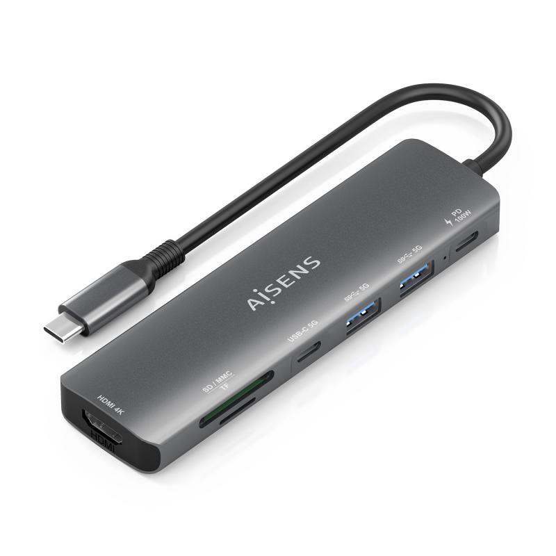 aisens-usb-c-dock-7-en-1-usb-c-a-1x-hdmi-2x-usb-a-1x-usb-c-1x-usb-c-pd-100w-1x-sd-1x-microsd-gris-15cm