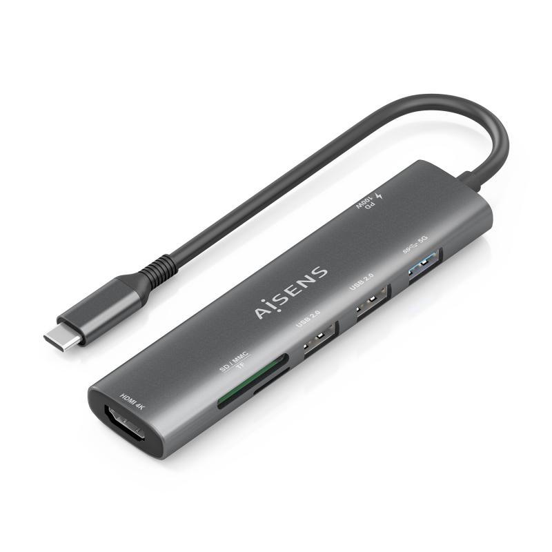 aisens-usb-c-dock-7-en-1-usb-c-a-1x-hdmi-2x-usb-a-usb20-1x-usb-a-usb30-1x-usb-c-pd-100w-1x-sd-1x-microsd-gris-15cm