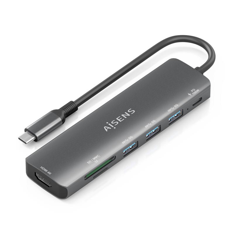 aisens-usb-c-dock-7-en-1-usb-c-a-1x-hdmi-3x-usb-a-1x-usb-c-pd-100w-1x-sd-1x-microsd-gris-15cm