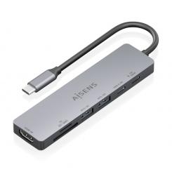 AISENS USB-C Dock 7 en 1, USB-C a 1xHDMI, 2xUSB-A, 1xUSB-C, 1xUSB-C PD 100W, 1xSD, 1xMicroSD, Gris, 15cm
