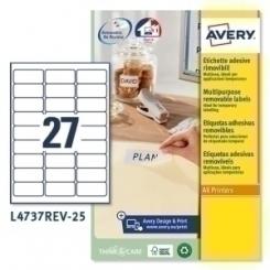 Avery-Dennison Etiquetas Adh.Impr.Avery A4 Blanca C.Romos Removible Caja 25H 63,5X29,6 Mm 675 Uds.(L4737Rev)