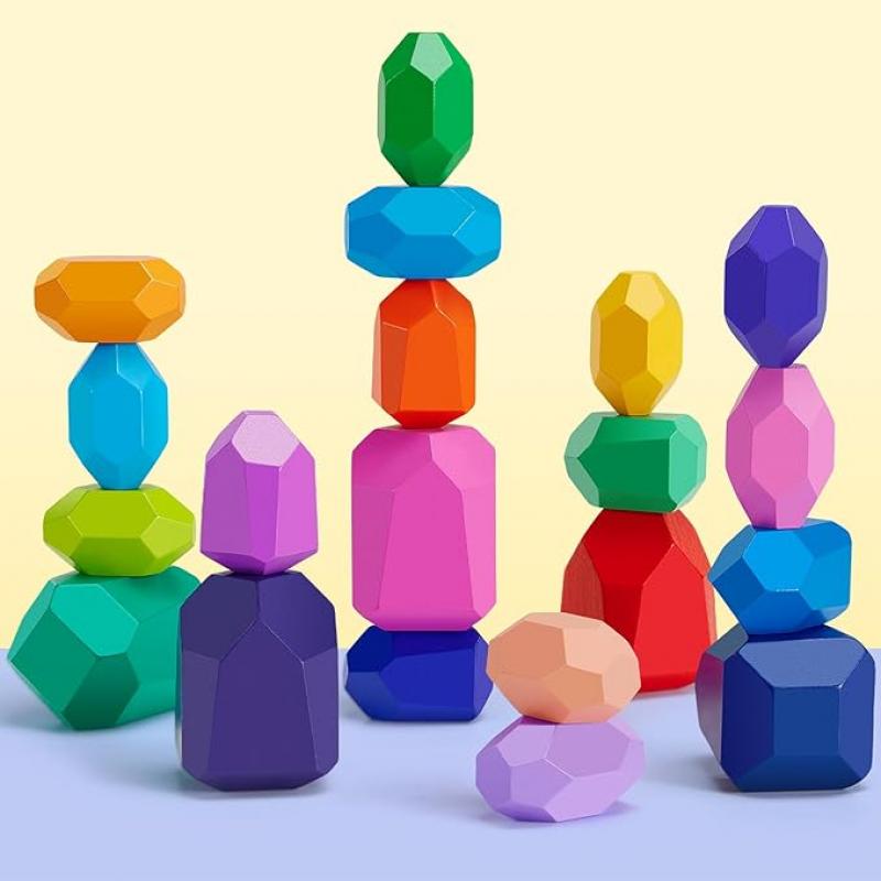 Banaone Bloques Equilibrio Madera, 20 Piezas Piedras Apilables Piedras de Equilibrio para Niño Niñas, Montessori Bloques de Construcción Educación Conjunto Y Apilamiento de Piedras Juego