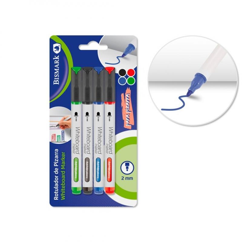 BISMARK Rotulador pizarra 2mm blister 4 colores negro, azul, rojo, verde