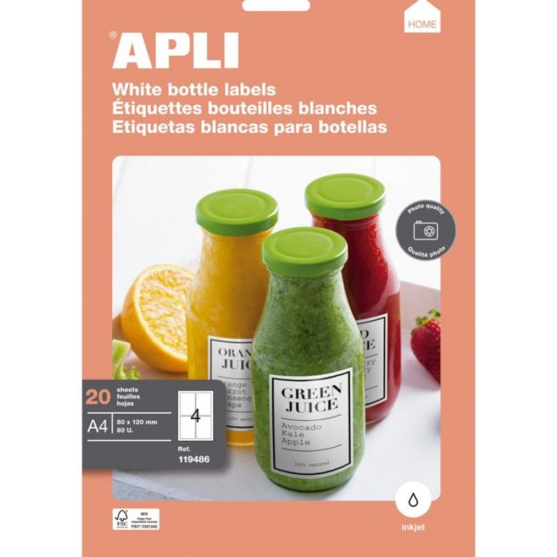 Blister Etiquetas APLI Inkjet Blancas Mate Botellas 80X120 20H