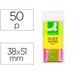 Bloc de notas adhesivas quita y pon Q-CONNECT 38x51 mm neon pack de 3 unidades con 50 hojas por color