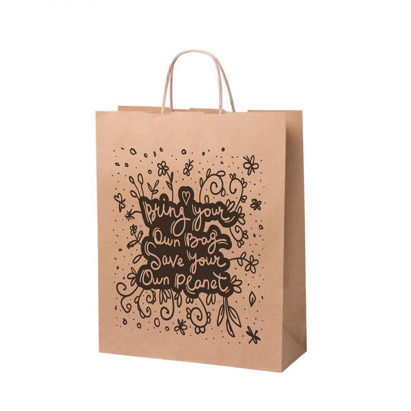 Bolsa en papel Nauska de acabado natural de 100g/m2 con asas cortas reforzadas y fuelle