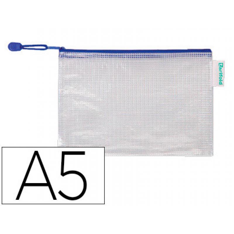 Bolsa sobre multiusos Tarifold pvc a5 apertura superior con cremallera portaboligrafo y correa azul