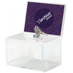 Buzón sugerencias personalizable c/llave y cerradura metálica. Metacrilato. Medida ext 155x110x205 mm. Color cristal transparente.