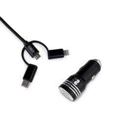 SUBBLIM Cargador Coche 2xUSB Dual Car Charger Alum 2.4A + Cable 3 in 1 Black