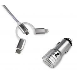 SUBBLIM Cargador Coche 2xUSB Dual Car Charger Alum 2.4A + Cable 3 in 1 Silver