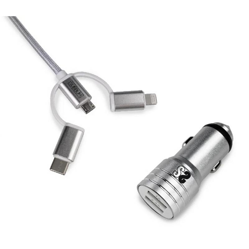 cargador-coche-2xusb-dual-car-charger-alum-24a-cable-3-in-1-silver
