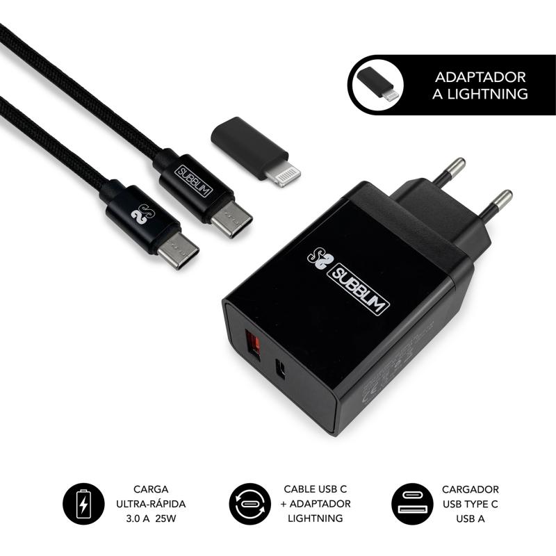 cargador-ultra-rapido-2xusb-de-pared-pd25wqc30cable-c-to-c-y-lightning-negro