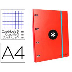 Carpeta con recambio ANTARTIK A4 cuadro 5mm forrada 4 anillas 25mm redondas color rojo