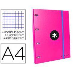 Carpeta con recambio ANTARTIK A4 cuadro 5mm forrada 4 anillas 25mm redondas color rosa