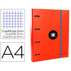 Carpeta con recambio ANTARTIK A4 cuadro 5mm forrada 4 anillas 40mm redondas con solapa color rojo