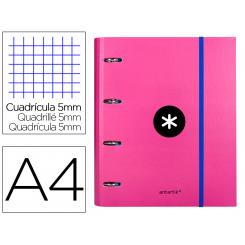 Carpeta con recambio ANTARTIK A4 cuadro 5mm forrada 4 anillas 40mm redondas con solapa color rosa