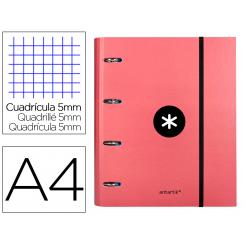 Carpeta con recambio ANTARTIK A4 cuadro 5mm forrada 4 anillas 40mm redondas con solapa color coral