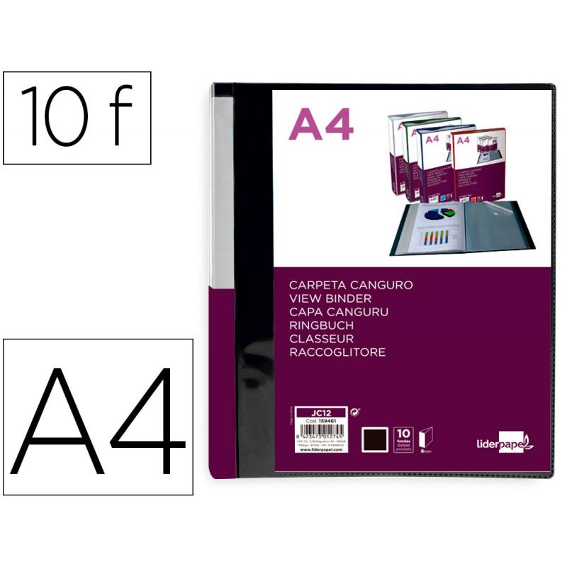 carpeta-liderpapel-10-fundas-canguro-pp-din-a4-negro-opaco-portada-y-lomo-personalizable