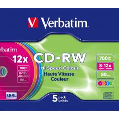 CD-RW VERBATIM 700Mb 8x-10x Slim Colores (Pack 5 Ud)