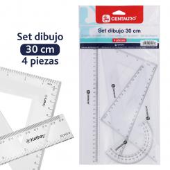 CENTAURO Set Dibujo 4 Piezas (regla 30 cm + cartabón 23 cm + escuadra 16 cm + semicírculo graduado 15 cm 180º)