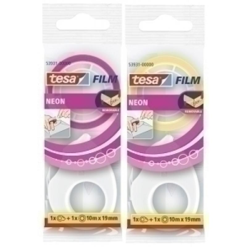 cinta-adhesiva-tesafilm-neon-amarillo-rosa-rollo-10x19-con-mini-portarrollo