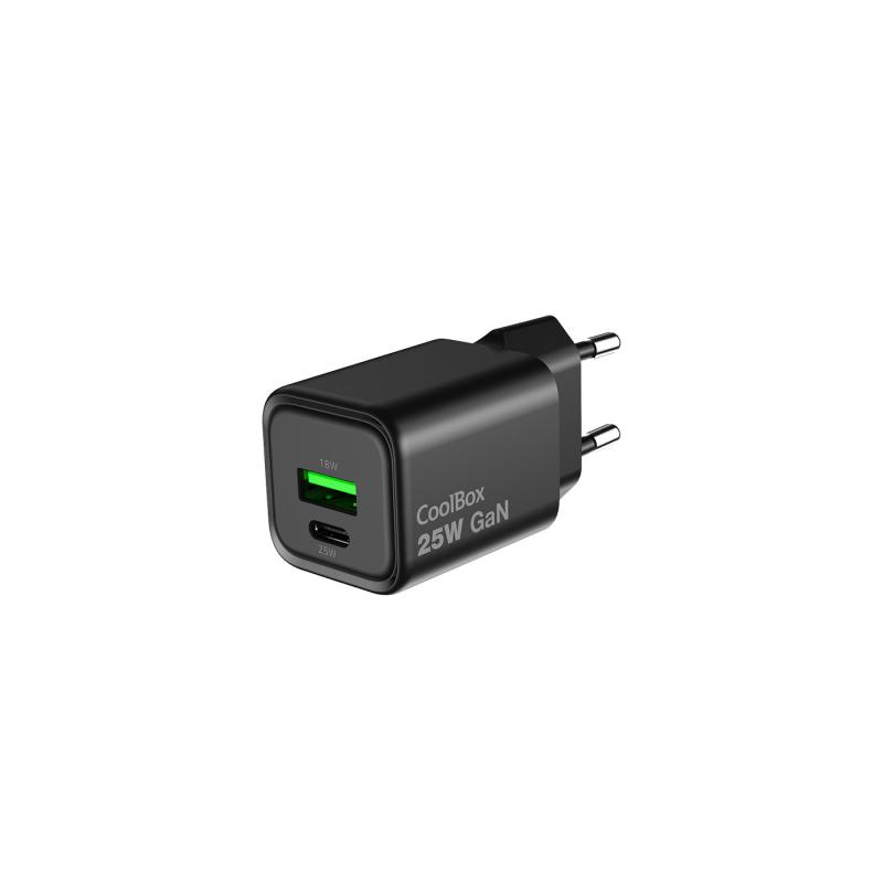 coolbox-cargador-gan-25w-usb-a-usb-c-pared-negro