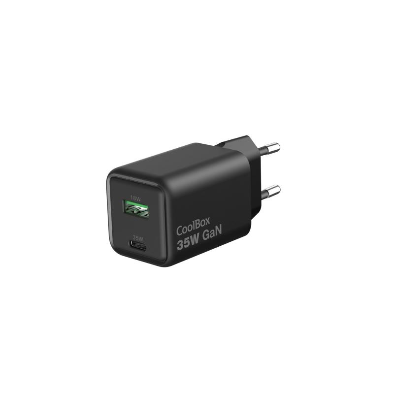 coolbox-cargador-gan-35w-usb-a-usb-c-pared-negro