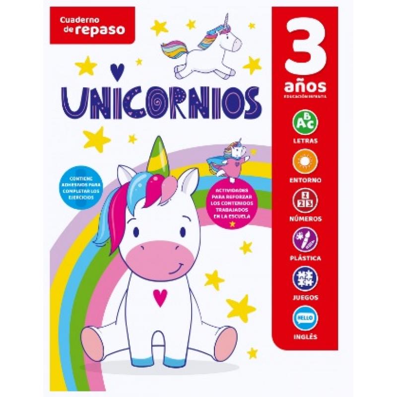 Cuaderno de repaso temático luminiscente 3 años UNICORNIOS, Ed. Saldaña