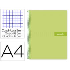 Cuaderno espiral LIDERPAPEL A4 micro crafty tapa forrada 120h 90 gr cuadro 5 mm 5 bandas 4 colores color verde