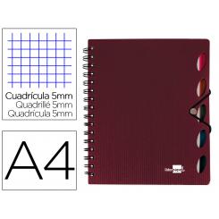 Cuaderno libreta Espiral LIDERPAPEL A4 Micro Executive Tapa Plastico 100H 80 gr Cuadro 5mm 5 Separadores con Gomilla Burdeos