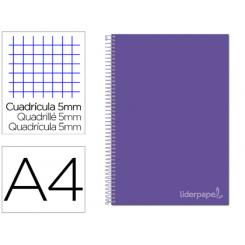 Cuaderno espiral LIDERPAPEL A4 micro jolly tapa forrada 140h 75 gr cuadro 5mm 5 bandas 4 taladros color lila