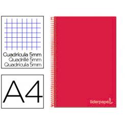 Cuaderno espiral LIDERPAPEL A4 micro jolly tapa forrada 140h 75 gr cuadro 5mm 5 bandas 4 taladros color rojo