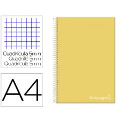 Cuaderno espiral LIDERPAPEL A4 micro jolly tapa forrada 140h 75 gr cuadro 5mm 5 bandas4 taladros color amarillo