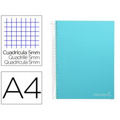 Cuaderno espiral LIDERPAPEL A4 micro jolly tapa forrada 140h 75 gr cuadro 5mm 5 bandas4 taladros color celeste