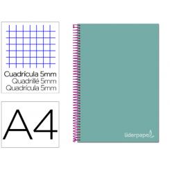 Cuaderno espiral LIDERPAPEL A4 micro jolly tapa forrada 140h 75 gr cuadro 5mm 5 bandas4 taladros color turquesa