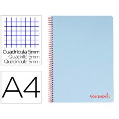 Cuaderno espiral LIDERPAPEL A4 micro wonder tapa plastico 120h 90 gr cuadro 5 mm 5 bandA4 taladros color celeste